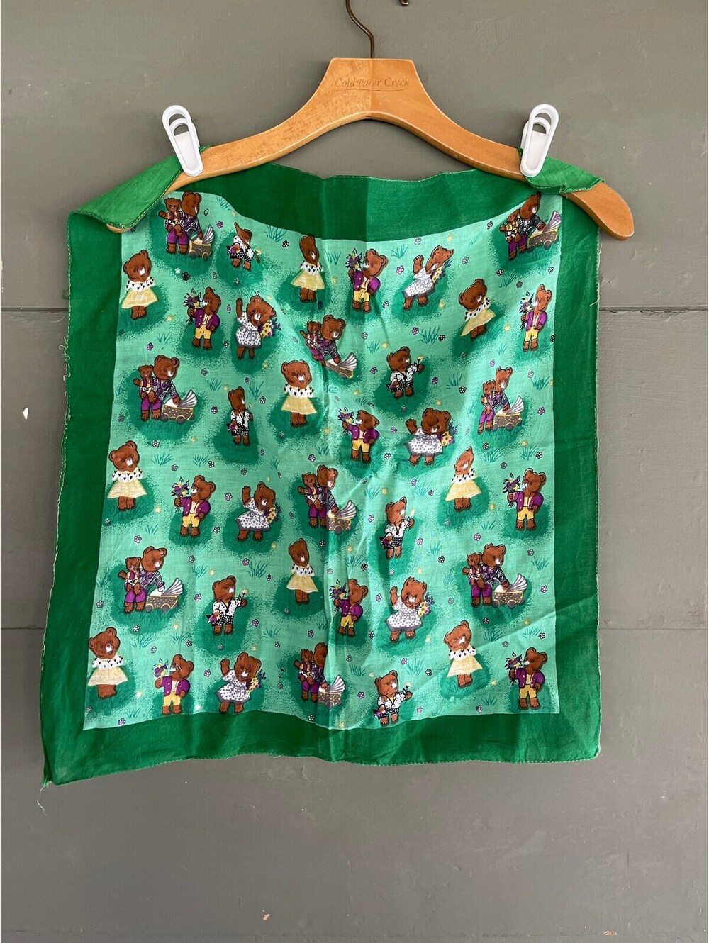 CUTE Vintage TEDDY BEAR Green Cotton Bandana cottagecore grandmacore